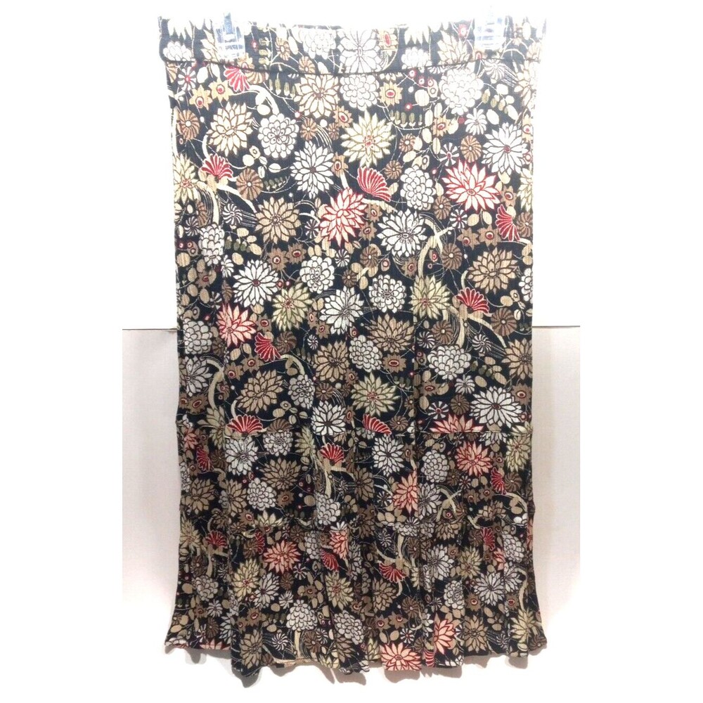 Sag Harbor Women's Med Floral Skirt Red Beige Black Midi Tiered Swing Pull On